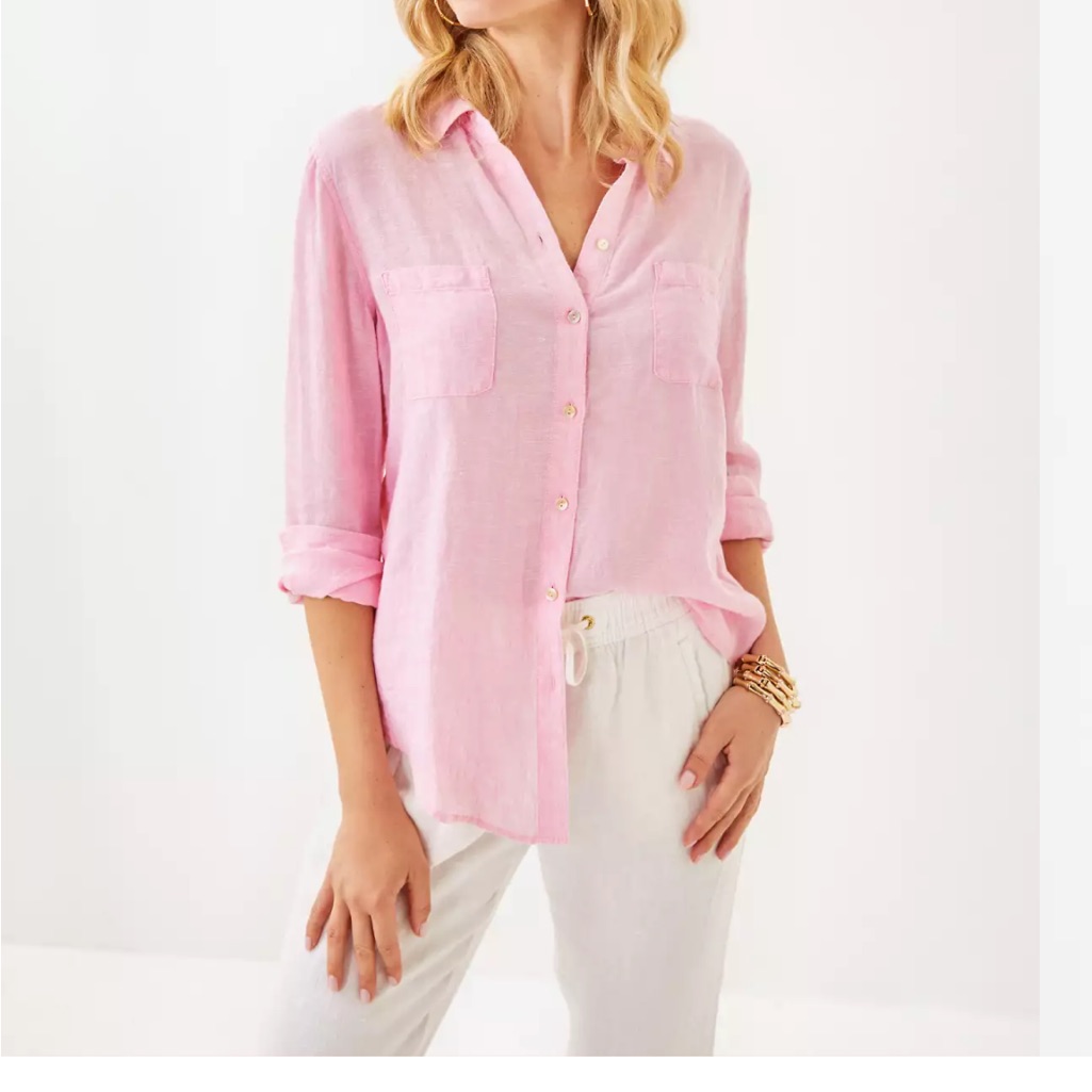Lilly Pulitzer Sea View Linen Button Down Top Pink Button-Up Shirt Medium
